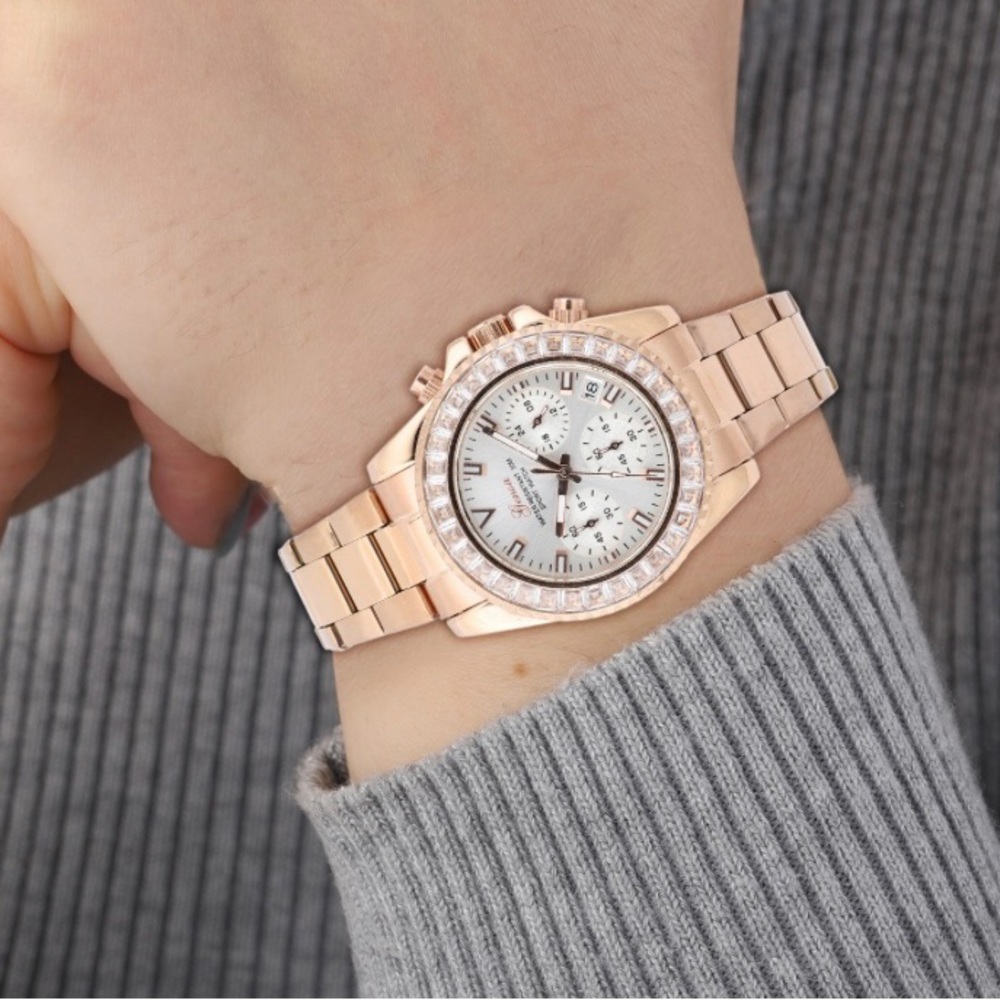 Genoa Finest CZ Multi-Function Movement Watch in ion Plated RG Stainless Steel.